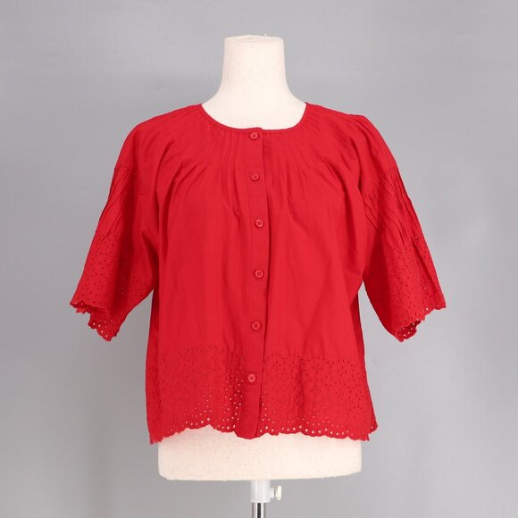 J.CREW Jolie Top Eyelet Cotton Poplin Pintuck Scalloped Edges Red Size M - Picture 3 of 11